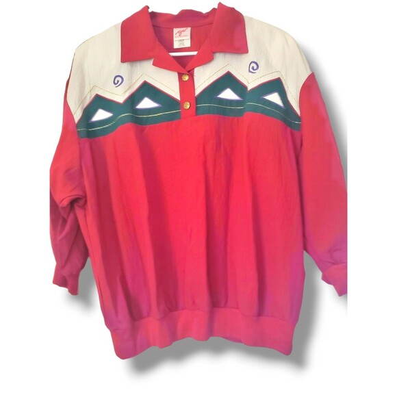 Vintage 80's Geometric Quarter Button Collared Pullover Top Sz L - Picture 5 of 14